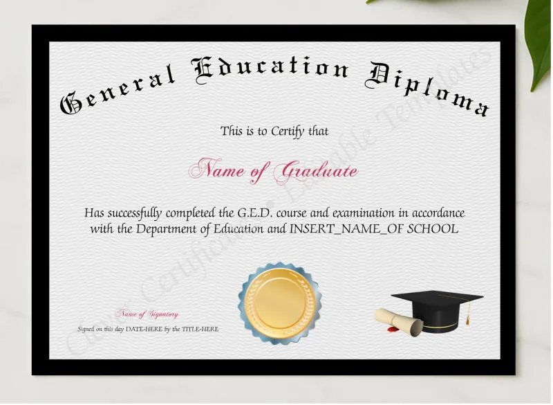 General Education Diploma presented in a sleek wooden frame, elegantly arranged on a stylish table.