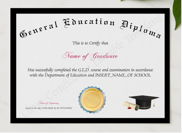 General Education Diploma presented in a sleek wooden frame, elegantly arranged on a stylish table.
