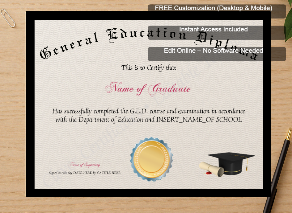 Zoomed preview with Free Editor badge stack for General Education Diploma