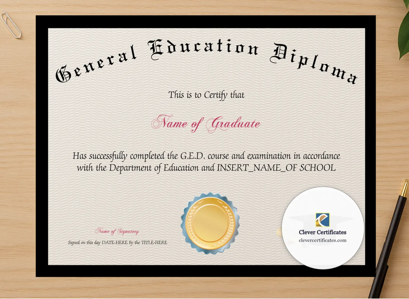 Professional preview of General Education Diploma certificate on high-quality stationery paper, ideal for showcasing the final look.