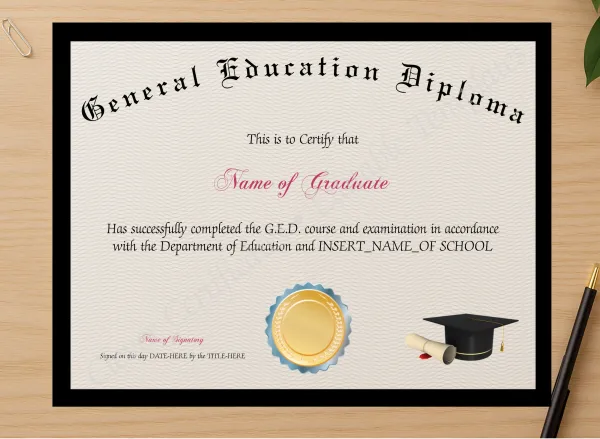 Professional preview of General Education Diploma certificate on high-quality stationery paper, ideal for showcasing the final look.
