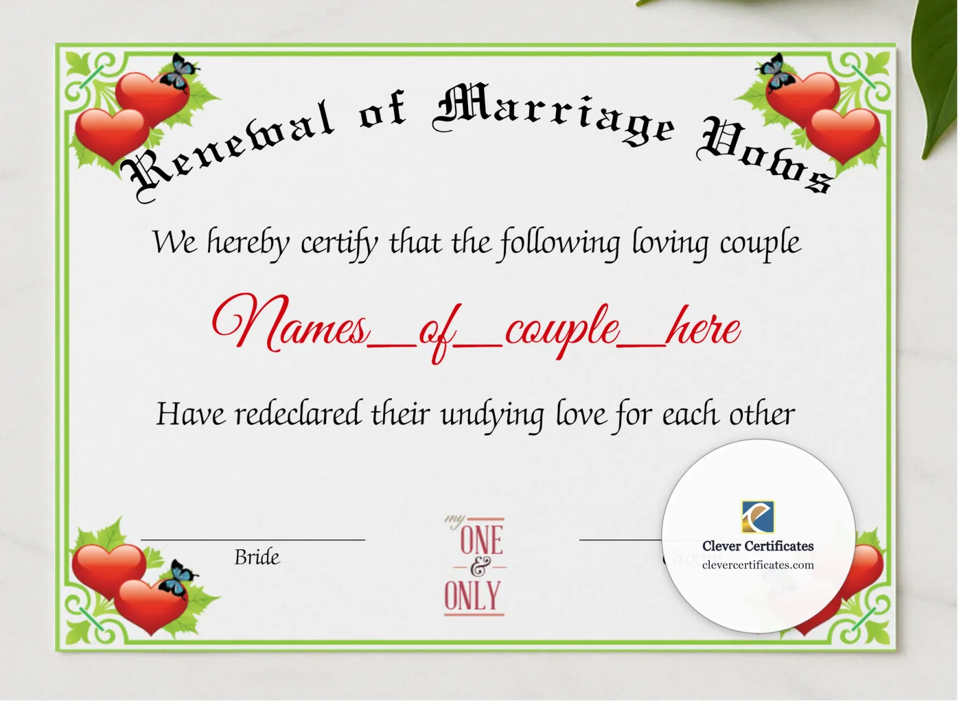Renewal Of Marriage Vows presented in a sleek wooden frame, elegantly arranged on a stylish table.