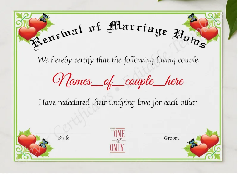 Renewal Of Marriage Vows presented in a sleek wooden frame, elegantly arranged on a stylish table.