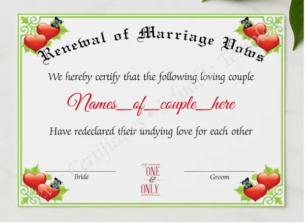Renewal Of Marriage Vows presented in a sleek wooden frame, elegantly arranged on a stylish table.