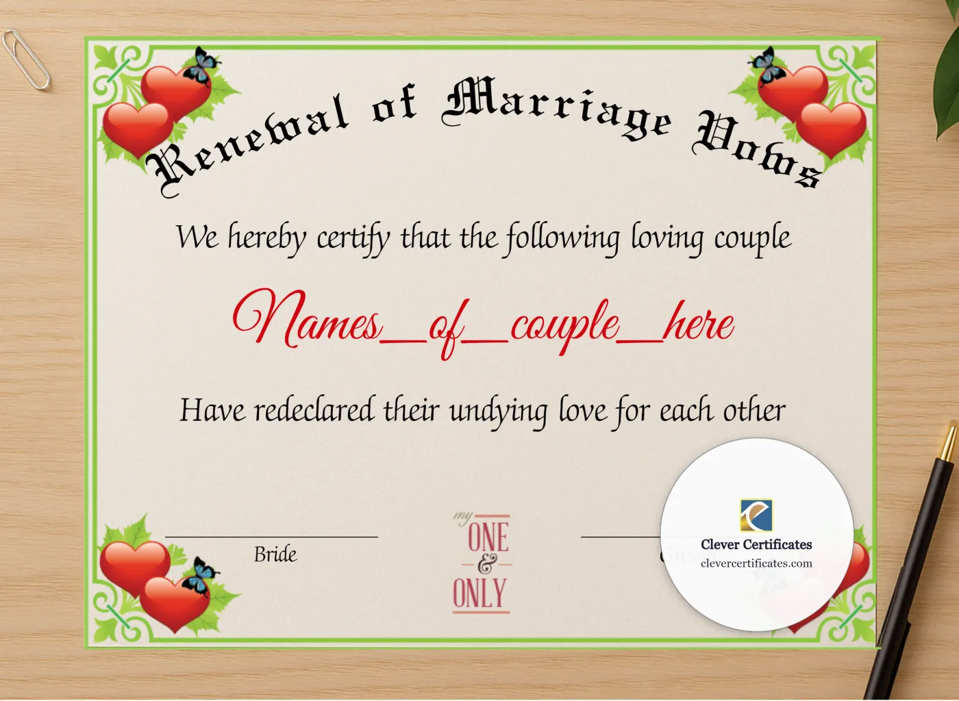 Professional preview of Renewal Of Marriage Vows certificate on high-quality stationery paper, ideal for showcasing the final look.