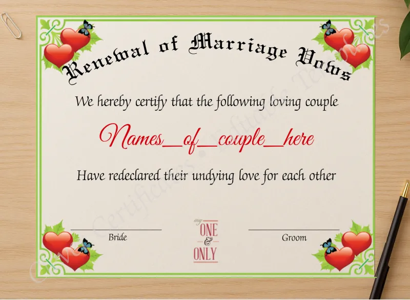 Professional preview of Renewal Of Marriage Vows certificate on high-quality stationery paper, ideal for showcasing the final look.