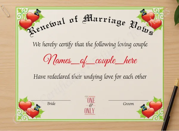 Professional preview of Renewal Of Marriage Vows certificate on high-quality stationery paper, ideal for showcasing the final look.
