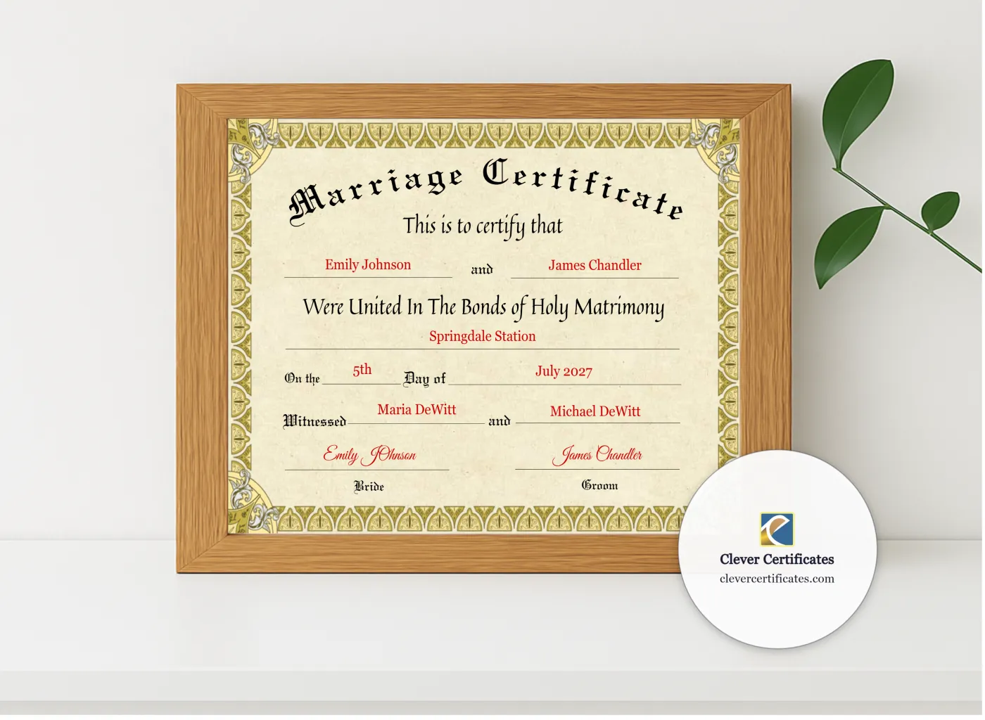 Realistic mockup featuring Marriage Certificate displayed within a modern frame, set against a minimalistic background.