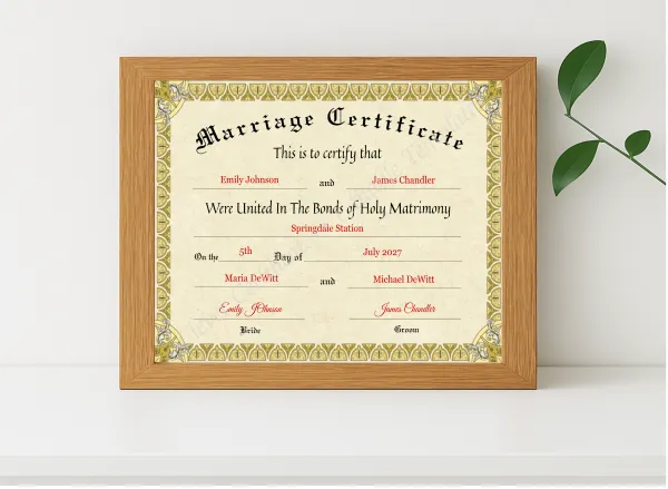 Realistic mockup featuring Marriage Certificate displayed within a modern frame, set against a minimalistic background.
