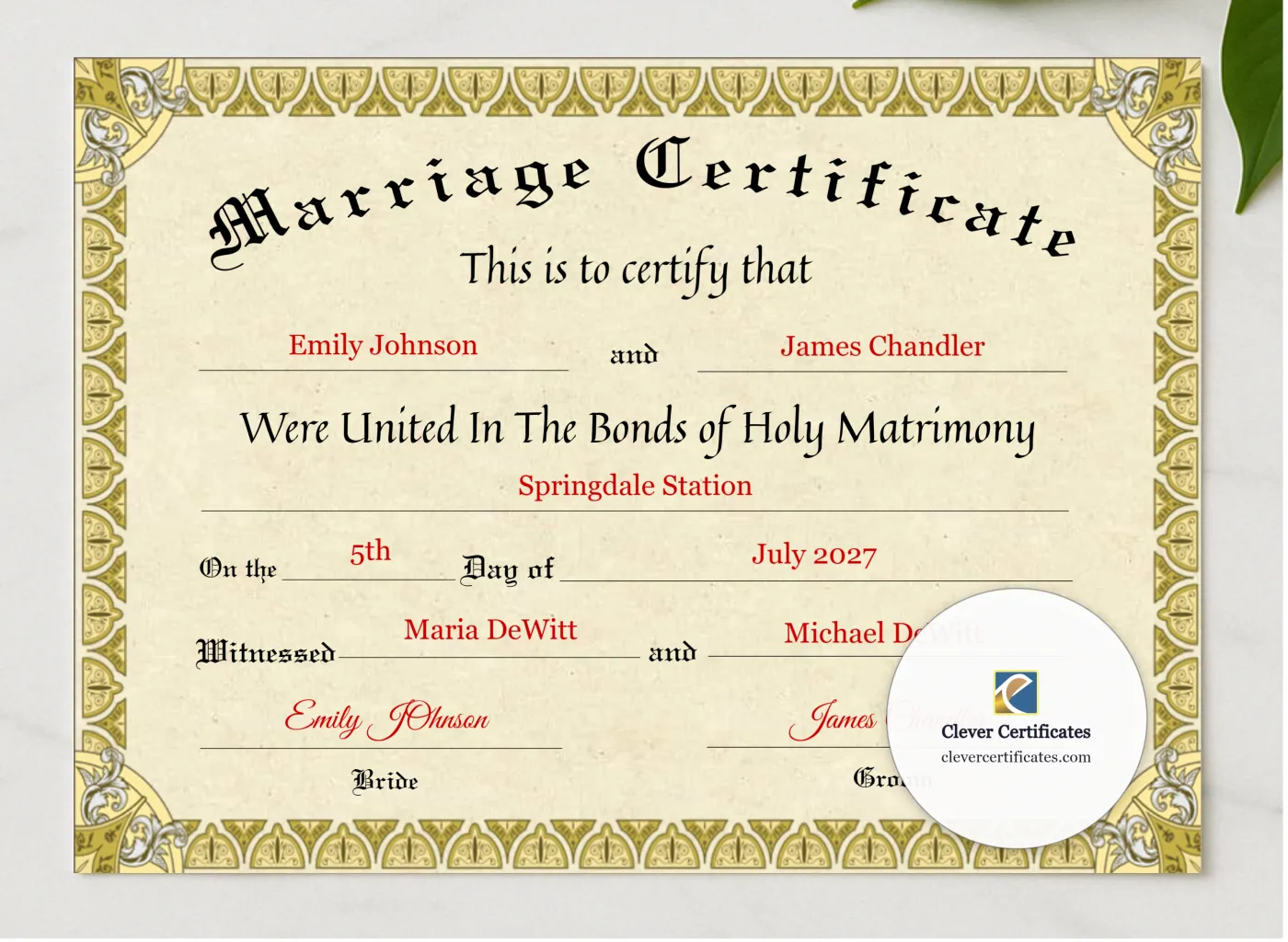 Marriage Certificate presented in a sleek wooden frame, elegantly arranged on a stylish table.