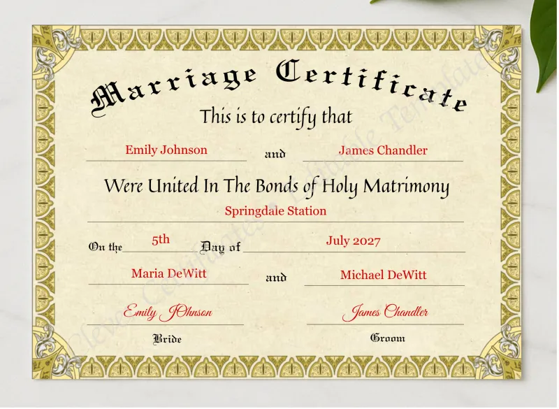 Marriage Certificate presented in a sleek wooden frame, elegantly arranged on a stylish table.