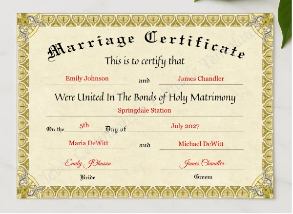Marriage Certificate presented in a sleek wooden frame, elegantly arranged on a stylish table.