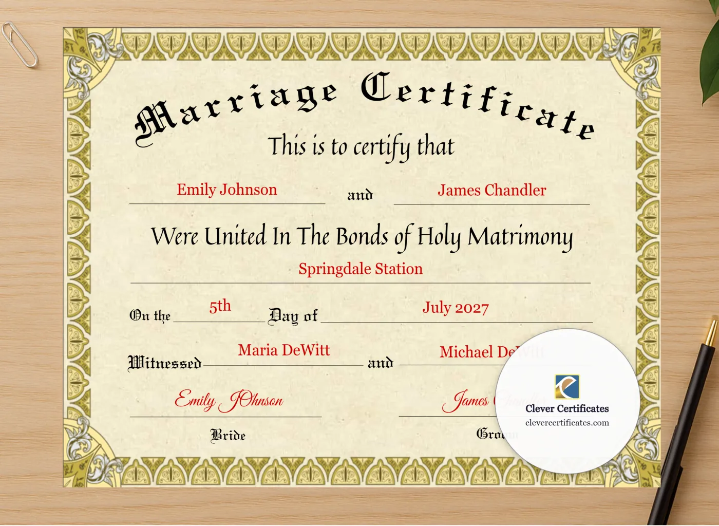 Professional preview of Marriage Certificate certificate on high-quality stationery paper, ideal for showcasing the final look.