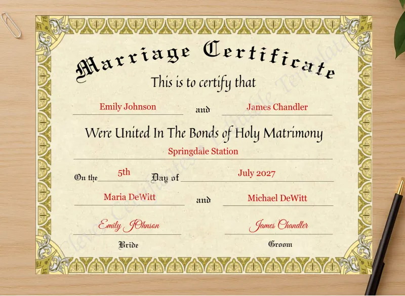 Professional preview of Marriage Certificate certificate on high-quality stationery paper, ideal for showcasing the final look.