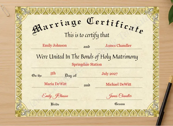Professional preview of Marriage Certificate certificate on high-quality stationery paper, ideal for showcasing the final look.