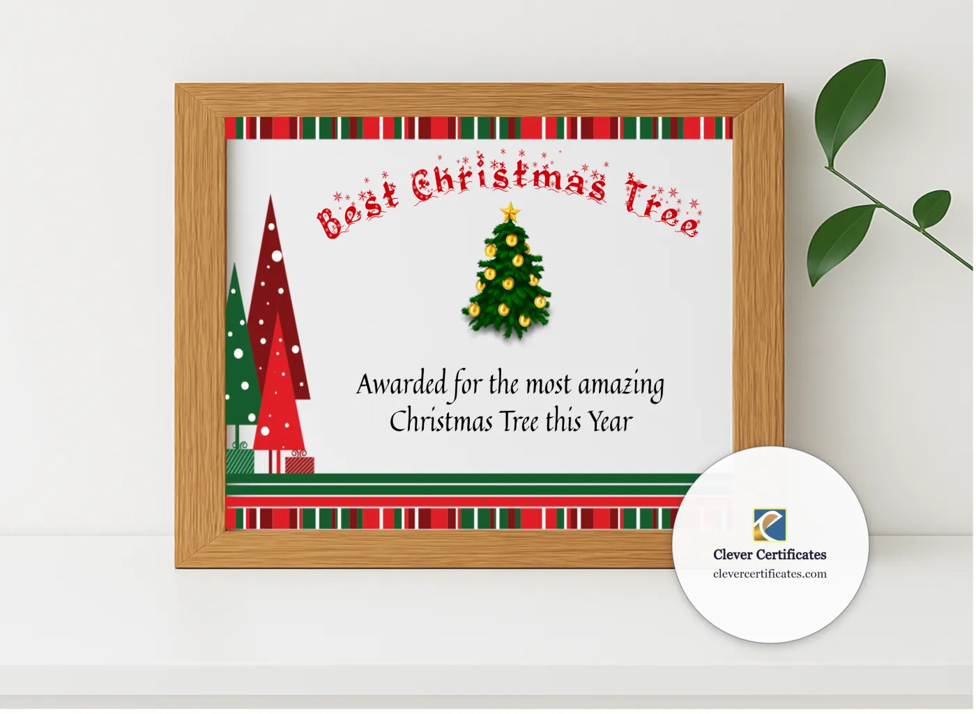Realistic mockup featuring Best Christmas Tree Award displayed within a modern frame, set against a minimalistic background.