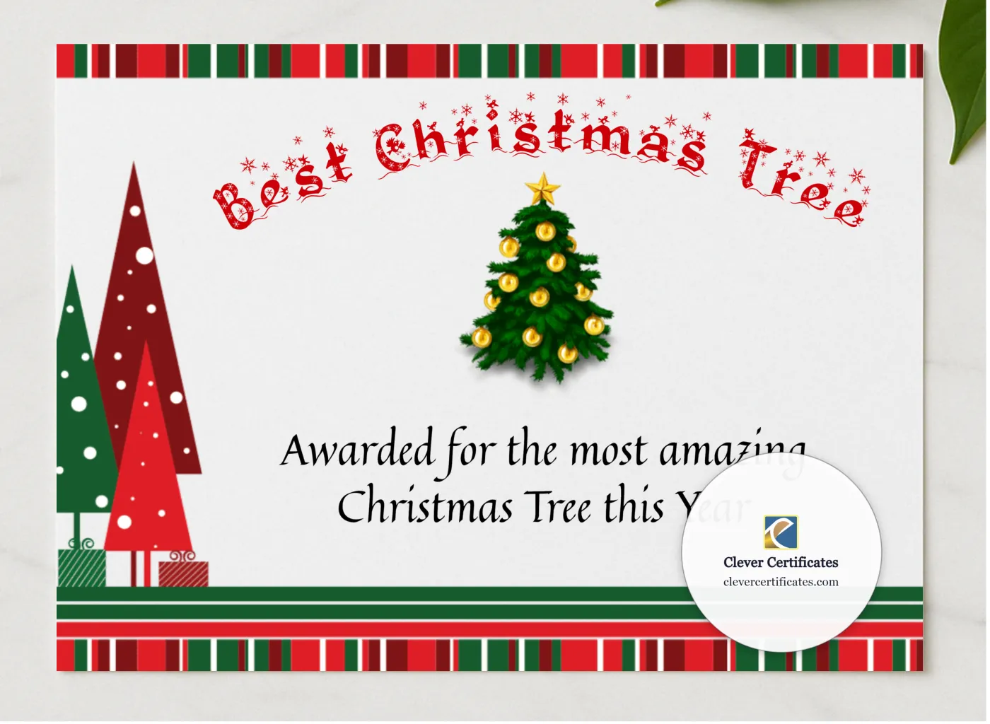 Best Christmas Tree Award presented in a sleek wooden frame, elegantly arranged on a stylish table.