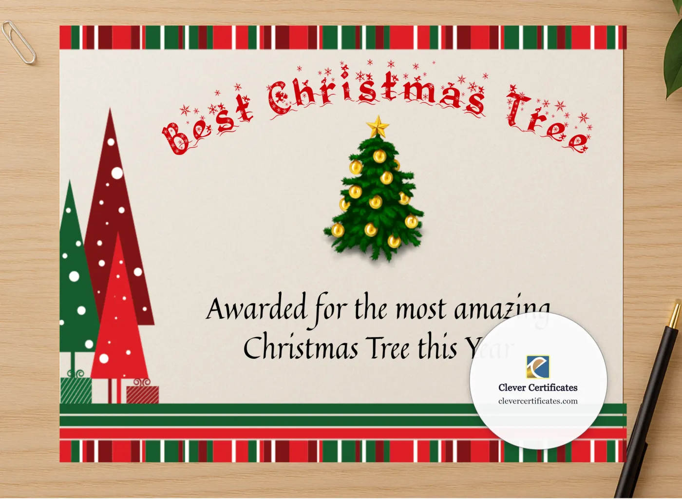Professional preview of Best Christmas Tree Award certificate on high-quality stationery paper, ideal for showcasing the final look.