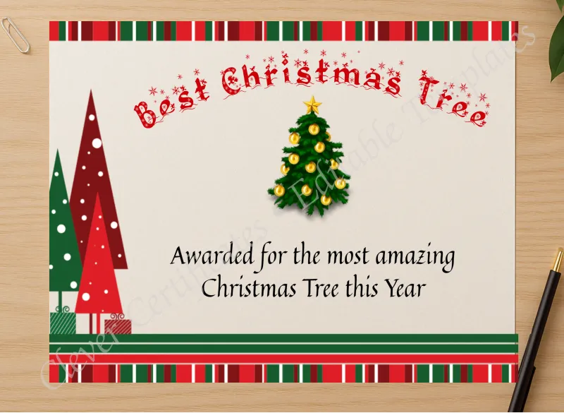 Professional preview of Best Christmas Tree Award certificate on high-quality stationery paper, ideal for showcasing the final look.
