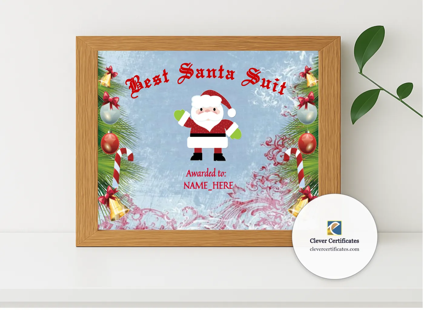 Realistic mockup featuring Best Santa Suit Award displayed within a modern frame, set against a minimalistic background.
