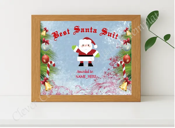 Realistic mockup featuring Best Santa Suit Award displayed within a modern frame, set against a minimalistic background.