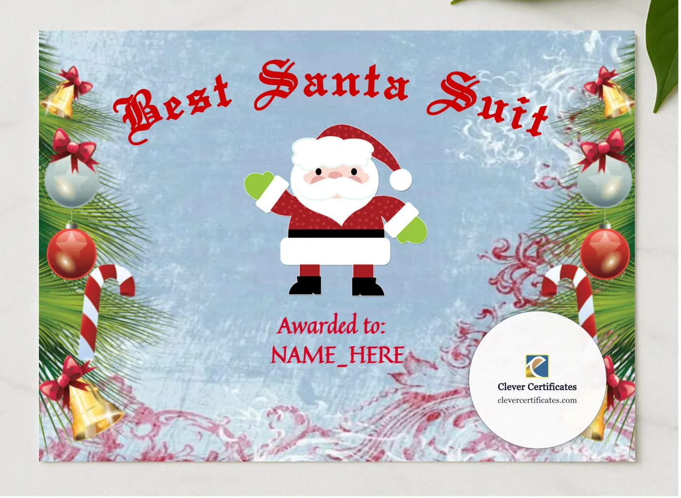 Best Santa Suit Award presented in a sleek wooden frame, elegantly arranged on a stylish table.