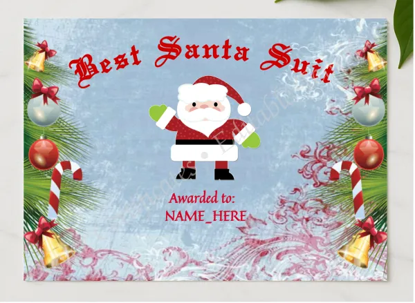 Best Santa Suit Award presented in a sleek wooden frame, elegantly arranged on a stylish table.
