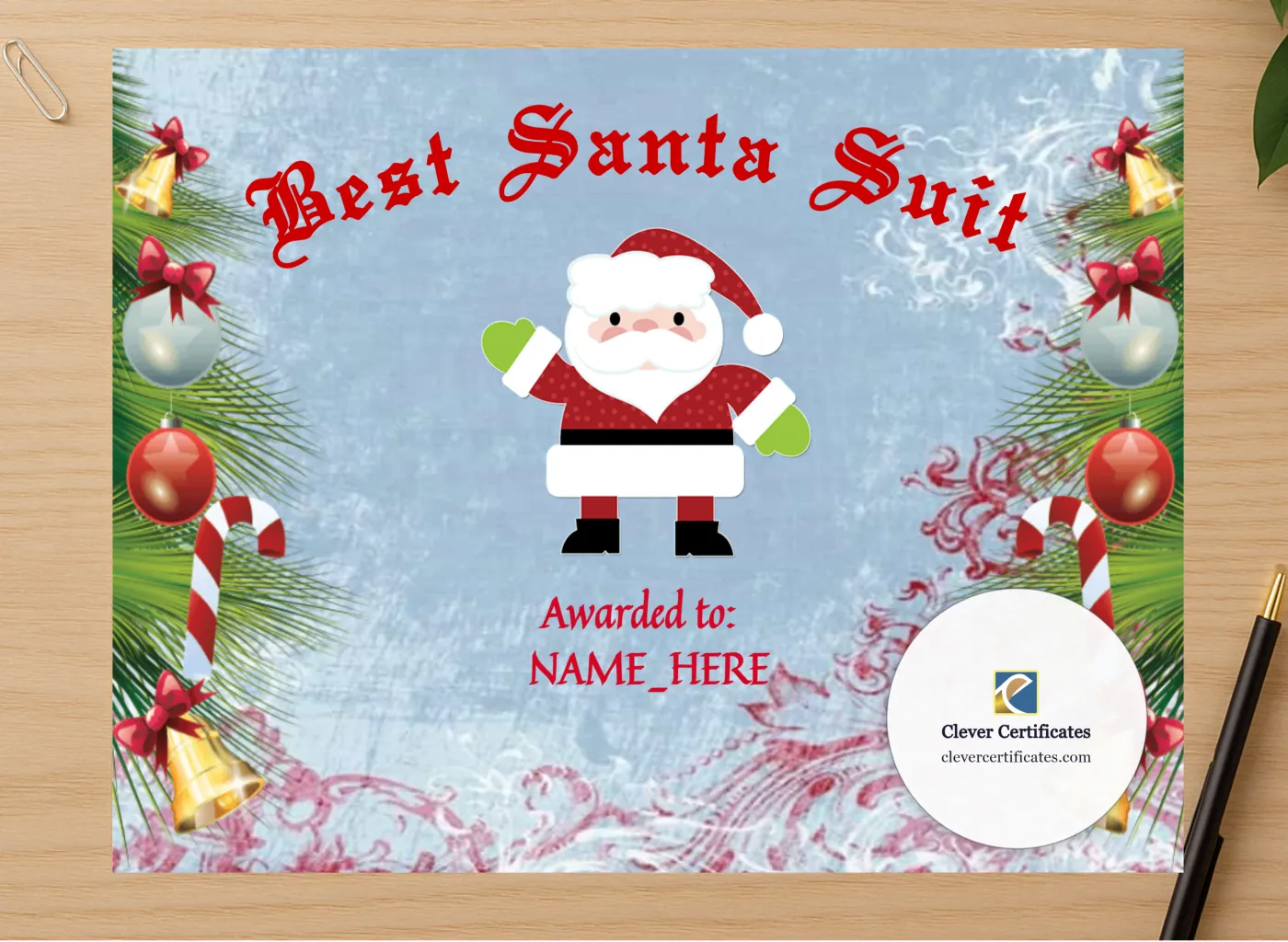 Professional preview of Best Santa Suit Award certificate on high-quality stationery paper, ideal for showcasing the final look.