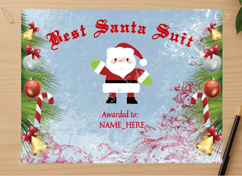 Professional preview of Best Santa Suit Award certificate on high-quality stationery paper, ideal for showcasing the final look.