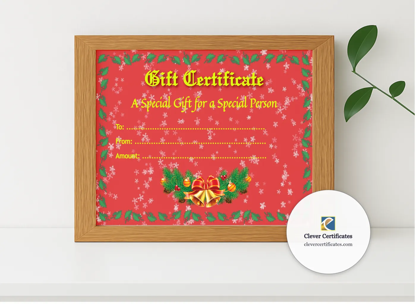 Realistic mockup featuring Christmas Gift Certificate 1 displayed within a modern frame, set against a minimalistic background.