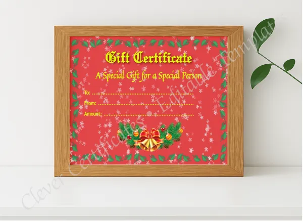Realistic mockup featuring Christmas Gift Certificate 1 displayed within a modern frame, set against a minimalistic background.