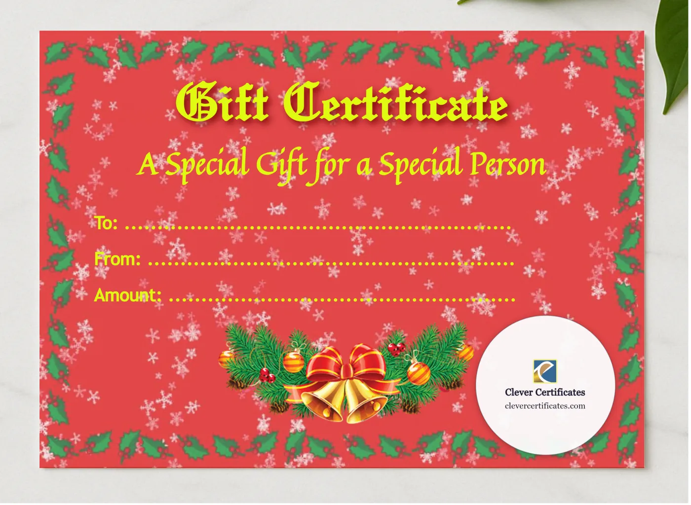Christmas Gift Certificate 1 presented in a sleek wooden frame, elegantly arranged on a stylish table.