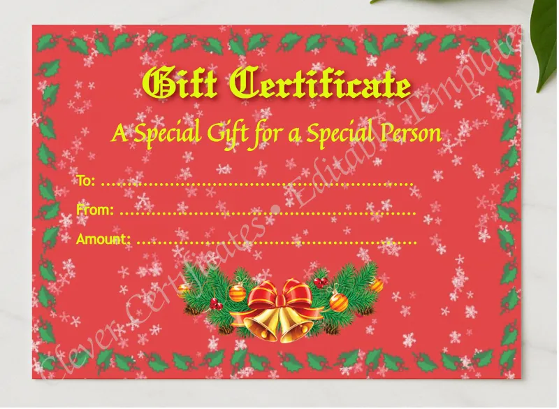 Christmas Gift Certificate 1 presented in a sleek wooden frame, elegantly arranged on a stylish table.