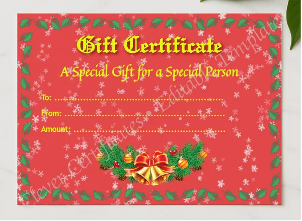 Christmas Gift Certificate 1 presented in a sleek wooden frame, elegantly arranged on a stylish table.