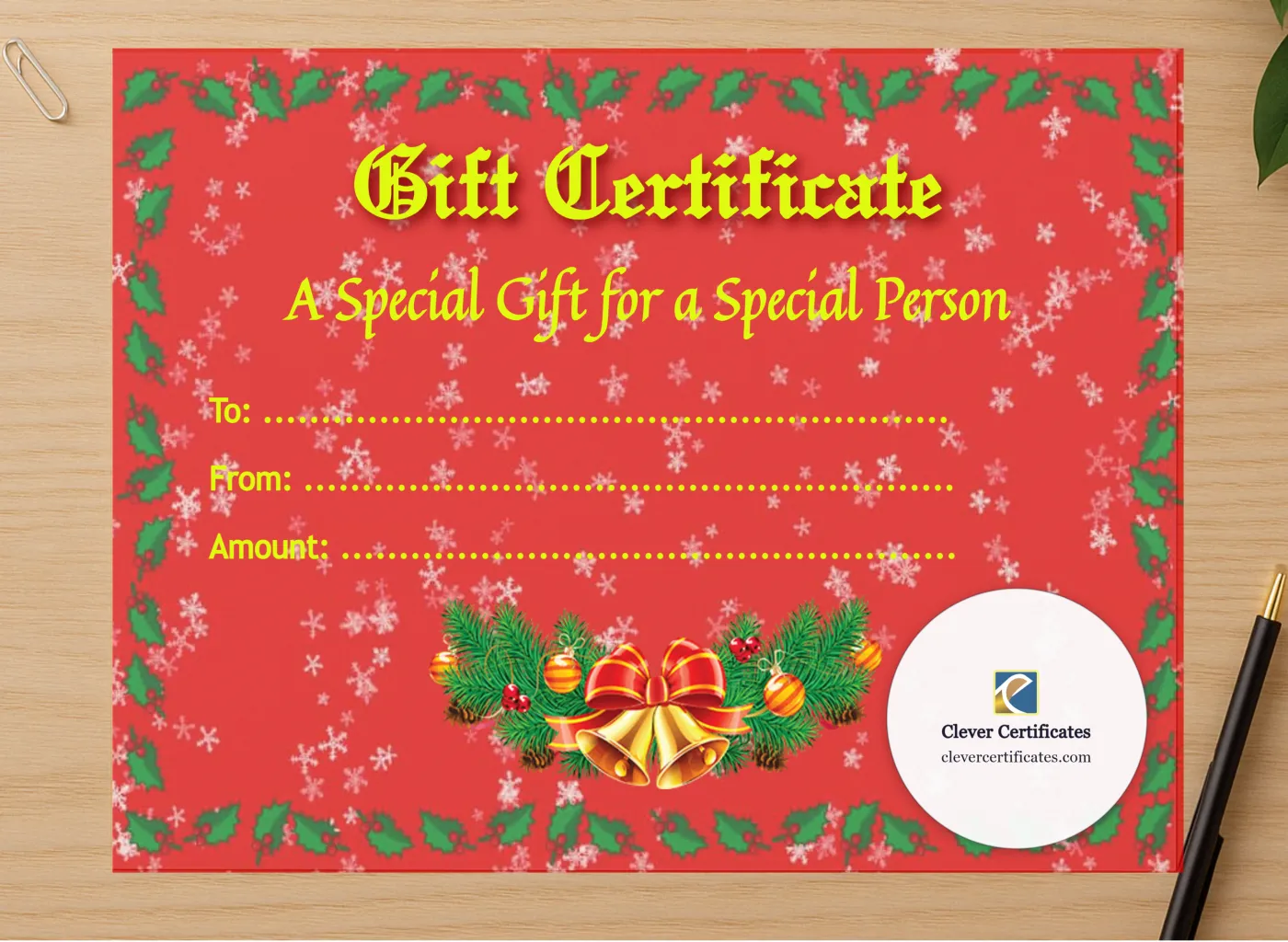 Professional preview of Christmas Gift Certificate 1 certificate on high-quality stationery paper, ideal for showcasing the final look.