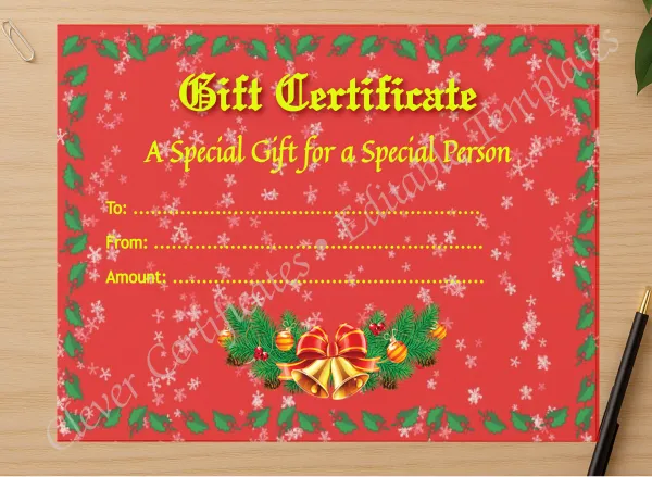 Professional preview of Christmas Gift Certificate 1 certificate on high-quality stationery paper, ideal for showcasing the final look.