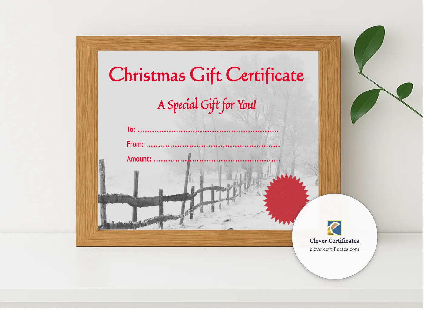 Realistic mockup featuring Christmas Gift Certificate 2 displayed within a modern frame, set against a minimalistic background.