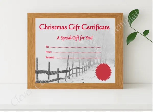 Realistic mockup featuring Christmas Gift Certificate 2 displayed within a modern frame, set against a minimalistic background.