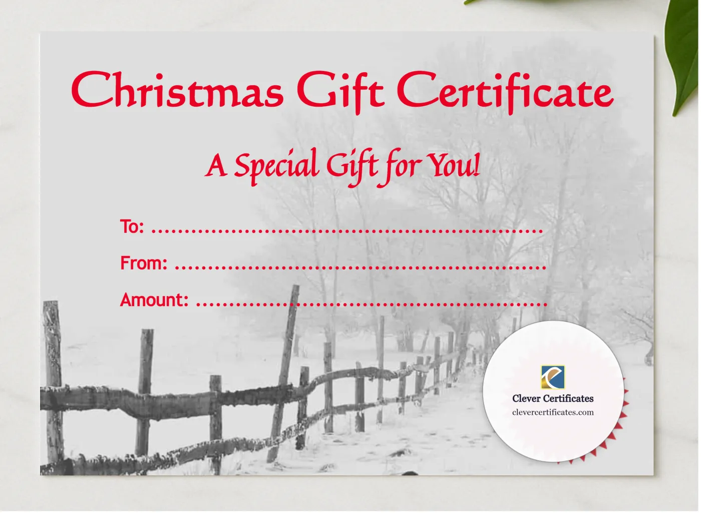 Christmas Gift Certificate 2 presented in a sleek wooden frame, elegantly arranged on a stylish table.