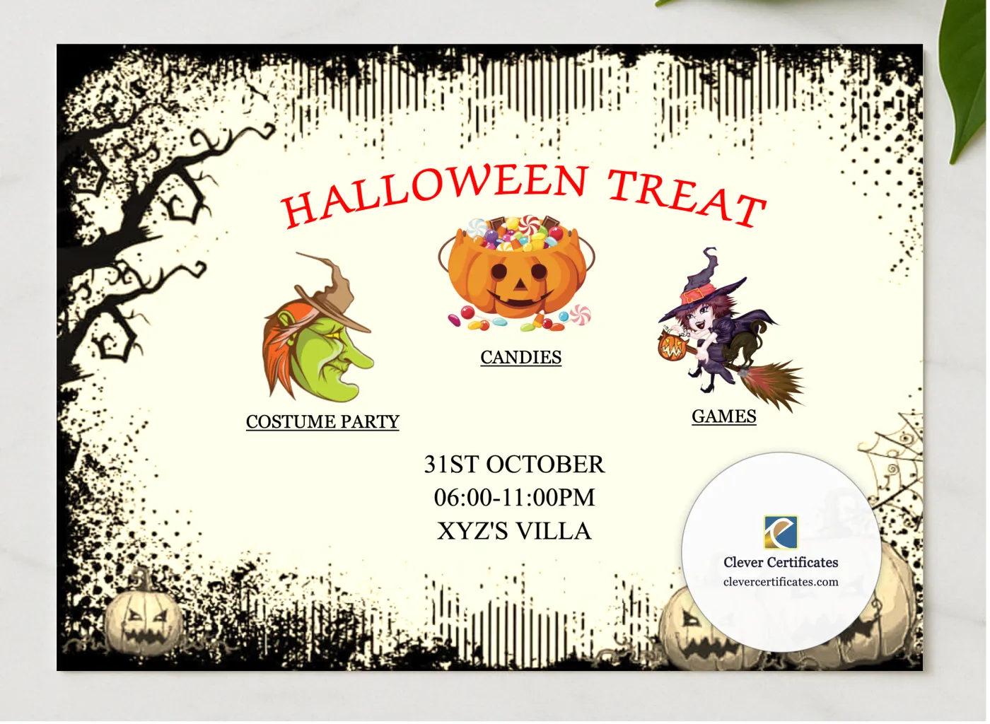 Halloween Treat presented in a sleek wooden frame, elegantly arranged on a stylish table.