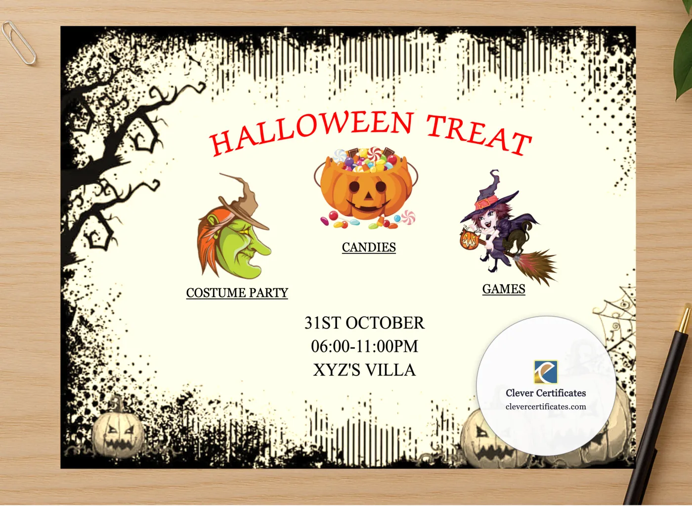Professional preview of Halloween Treat certificate on high-quality stationery paper, ideal for showcasing the final look.