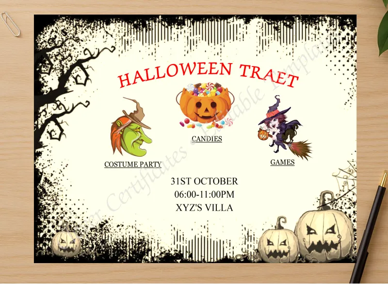 Professional preview of Halloween Treat certificate on high-quality stationery paper, ideal for showcasing the final look.