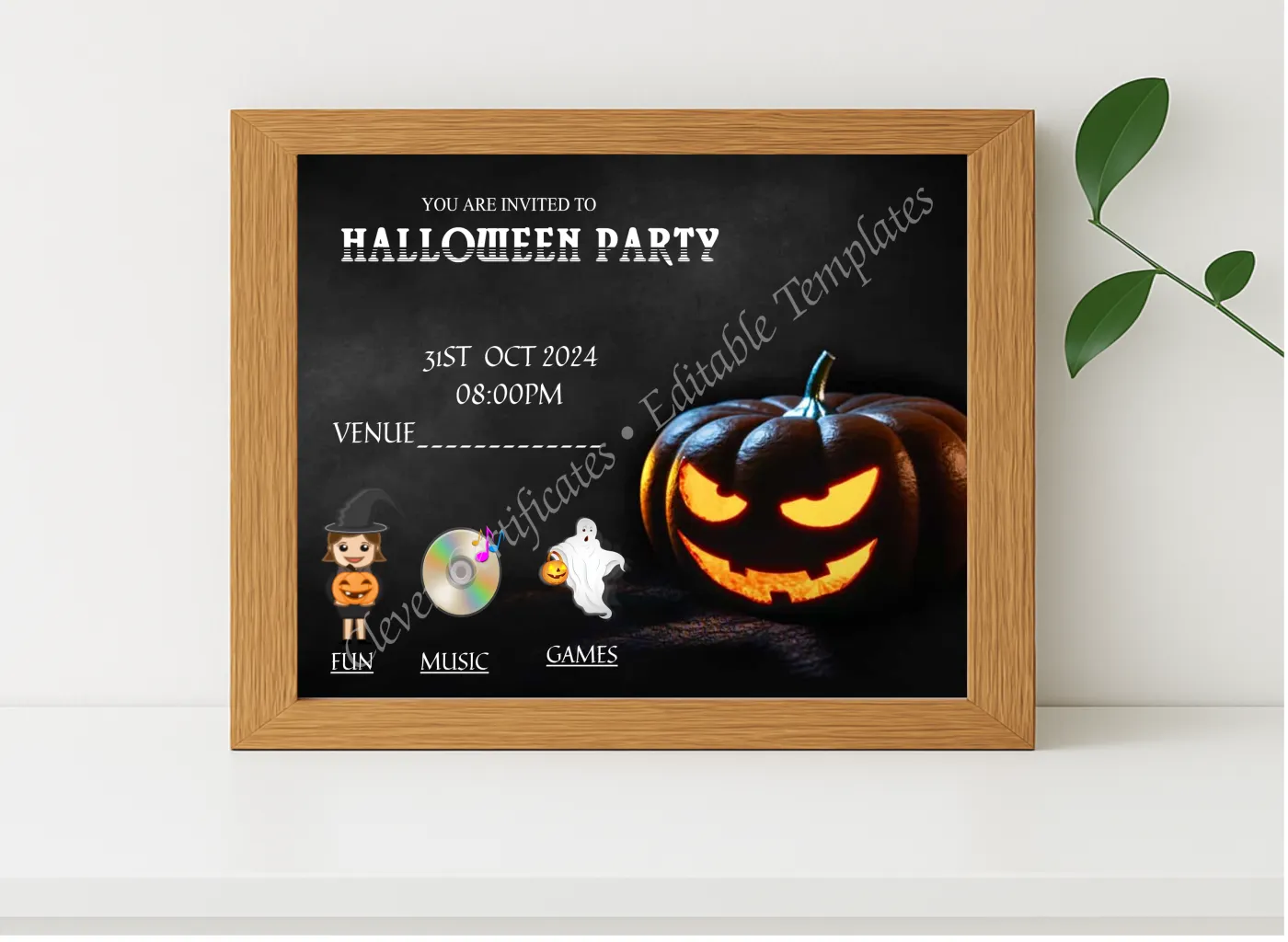 Realistic mockup featuring Halloween Music Party displayed within a modern frame, set against a minimalistic background.