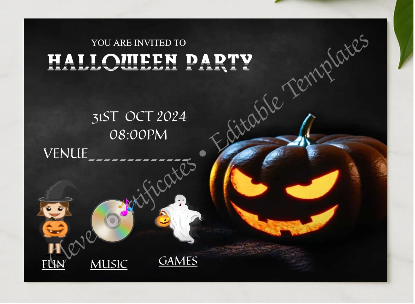 Halloween Music Party presented in a sleek wooden frame, elegantly arranged on a stylish table.
