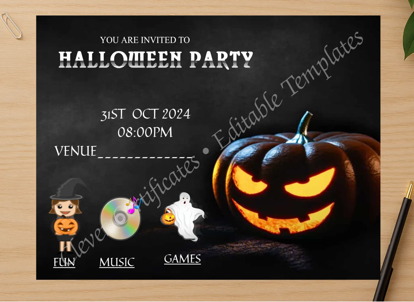Professional preview of Halloween Music Party certificate on high-quality stationery paper, ideal for showcasing the final look.