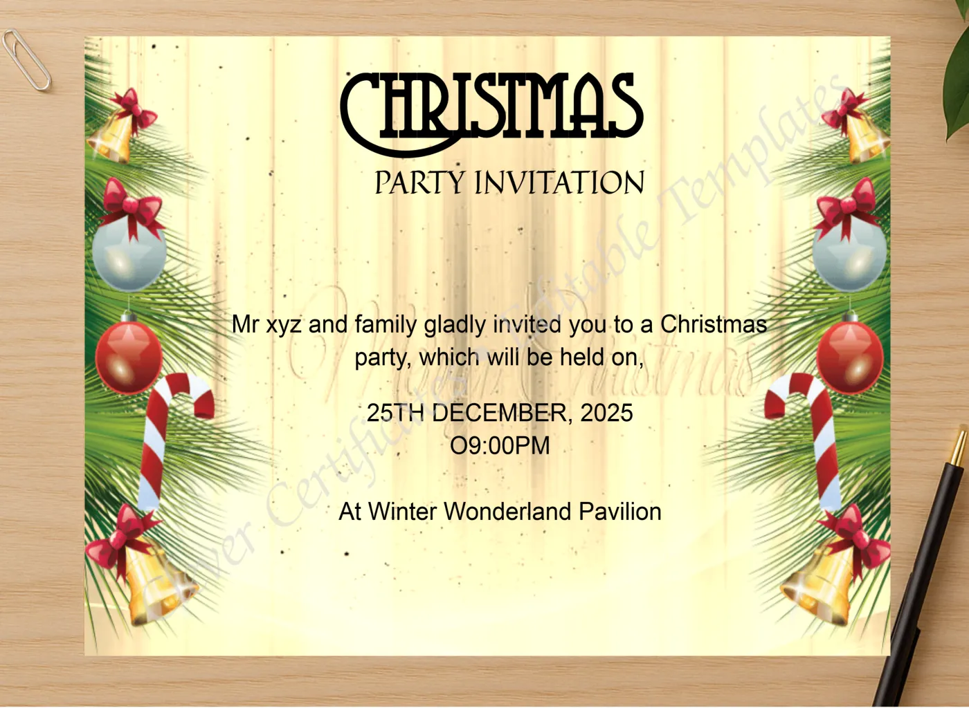 Professional preview of Christmas Festive Night certificate on high-quality stationery paper, ideal for showcasing the final look.