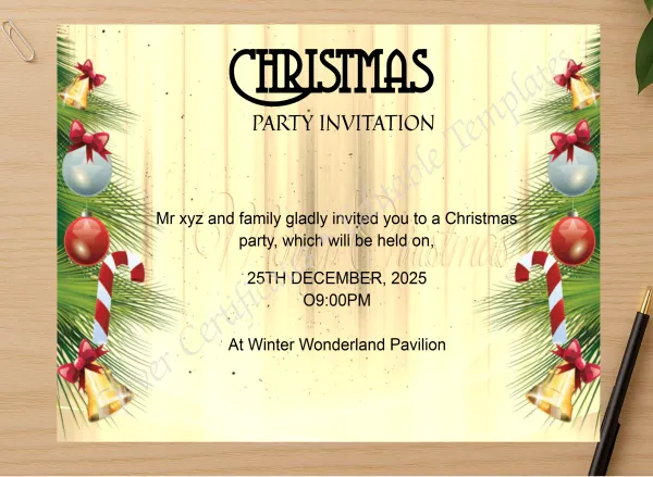 Professional preview of Christmas Festive Night certificate on high-quality stationery paper, ideal for showcasing the final look.