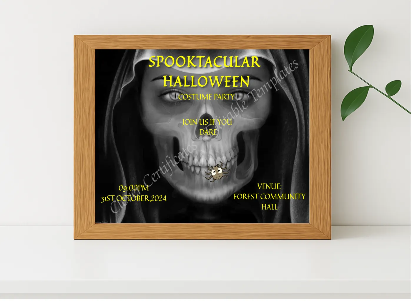Realistic mockup featuring Spooktacular Halloween Costume Party displayed within a modern frame, set against a minimalistic background.