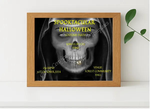 Realistic mockup featuring Spooktacular Halloween Costume Party displayed within a modern frame, set against a minimalistic background.