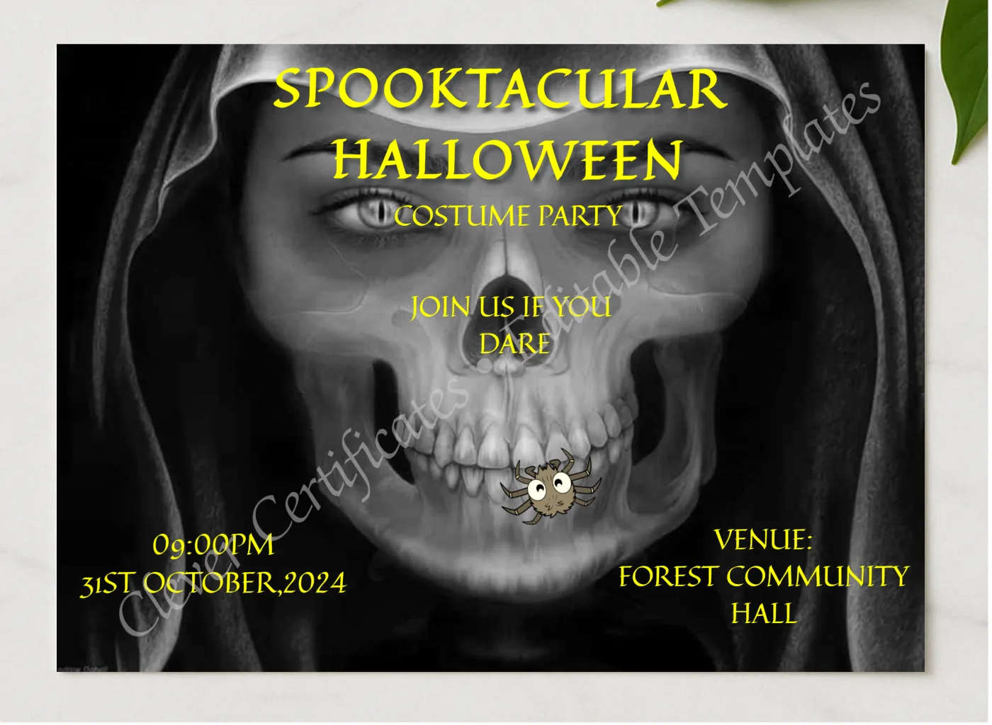 Spooktacular Halloween Costume Party presented in a sleek wooden frame, elegantly arranged on a stylish table.